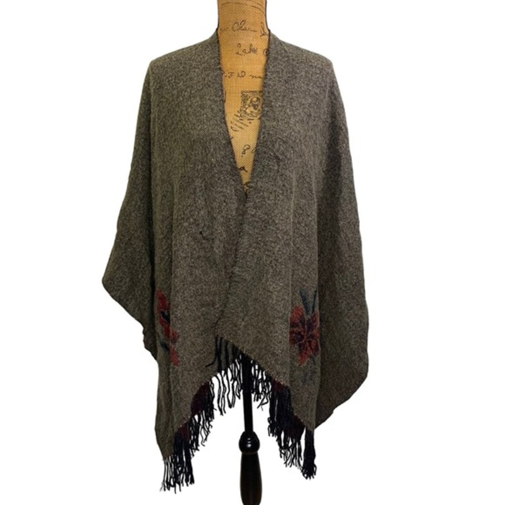 CHRISTOPHER & BANKS Brown & Red Floral Fringe Open Front Shawl Wrap